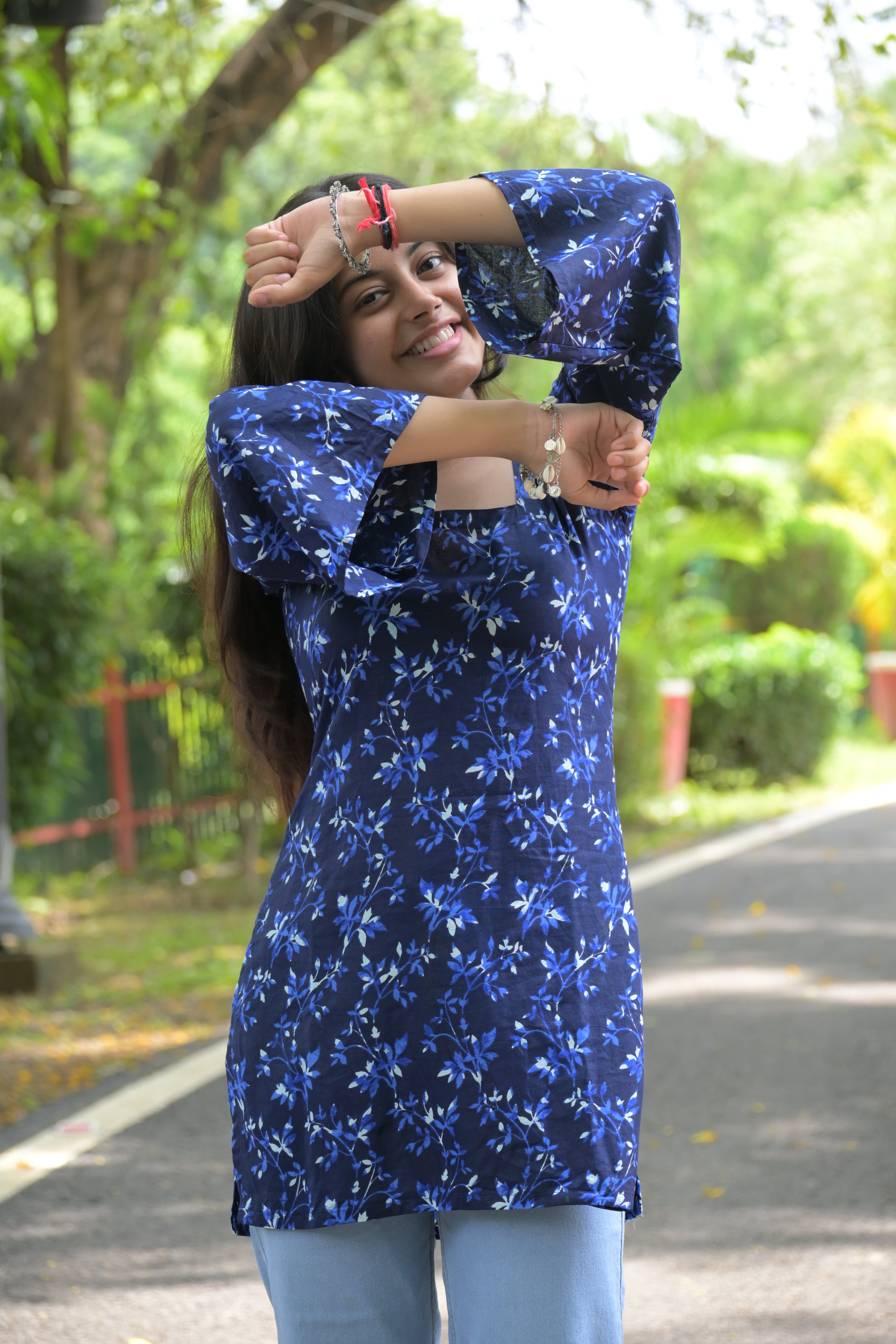 Square Neck Bell Sleeve Short Kurti