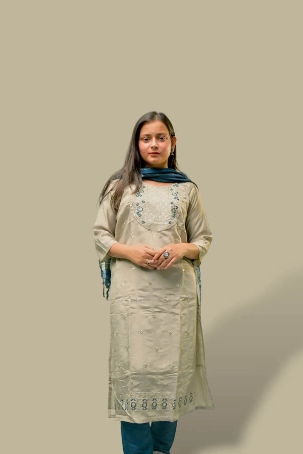 Embroidered off-white Teal Kurti Set - Sanjh&Co