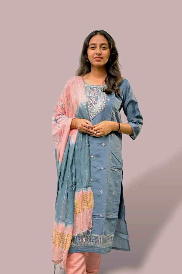 Opulent Embroidered Slate Kurti Set - Sanjh&Co