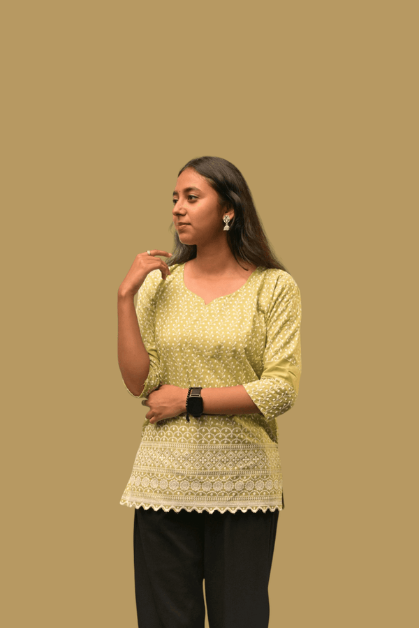 Embroidered pastel green Short-Kurti - Sanjh&Co