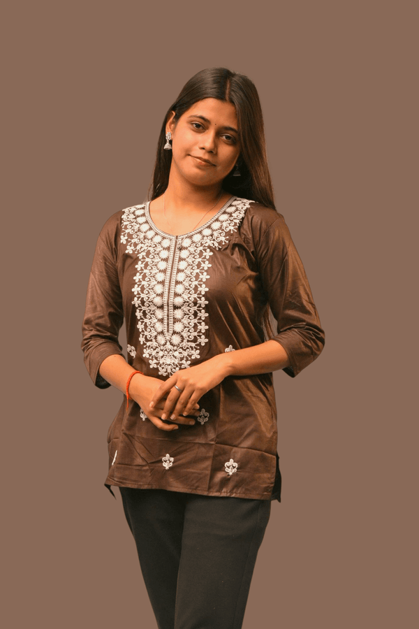 Mocha Embroidered Kurti - Sanjh&Co