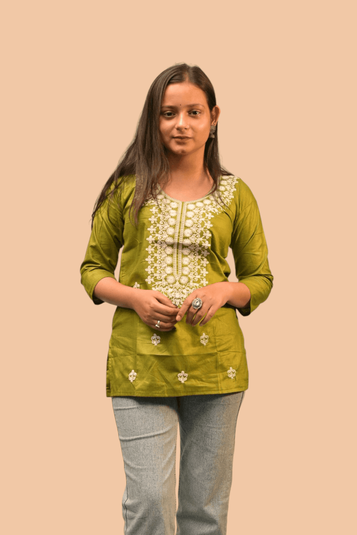 Olive Green Embroidered Kurti - Sanjh&Co