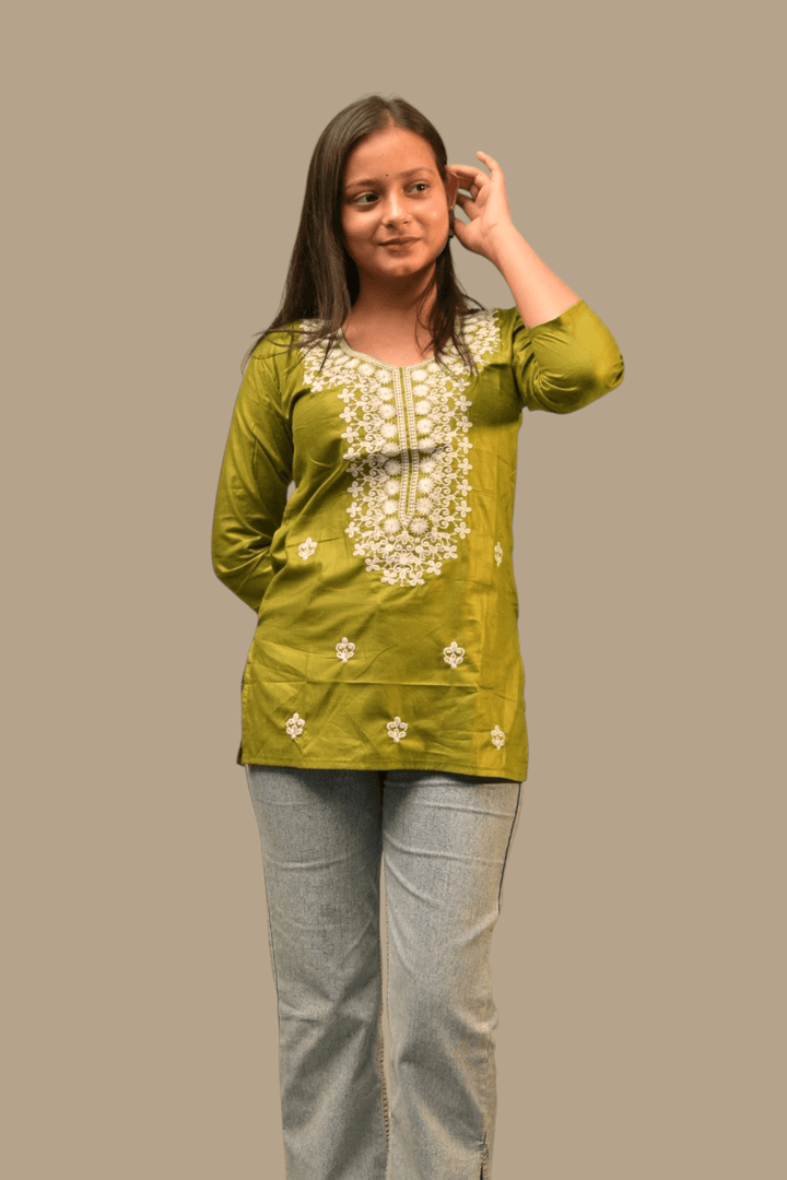 Olive Green Embroidered Kurti - Sanjh&Co