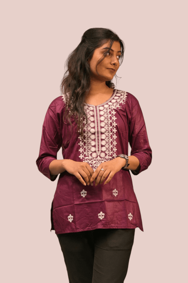 Regal Maroon Embroidered Kurti - Sanjh&Co