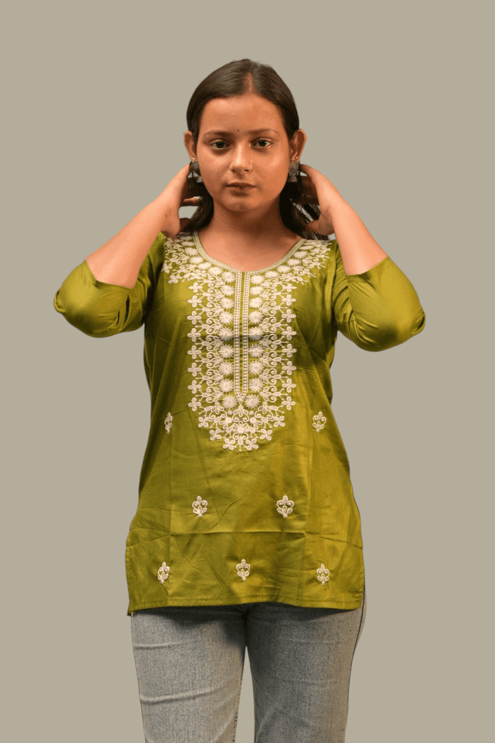 Olive Green Embroidered Kurti - Sanjh&Co