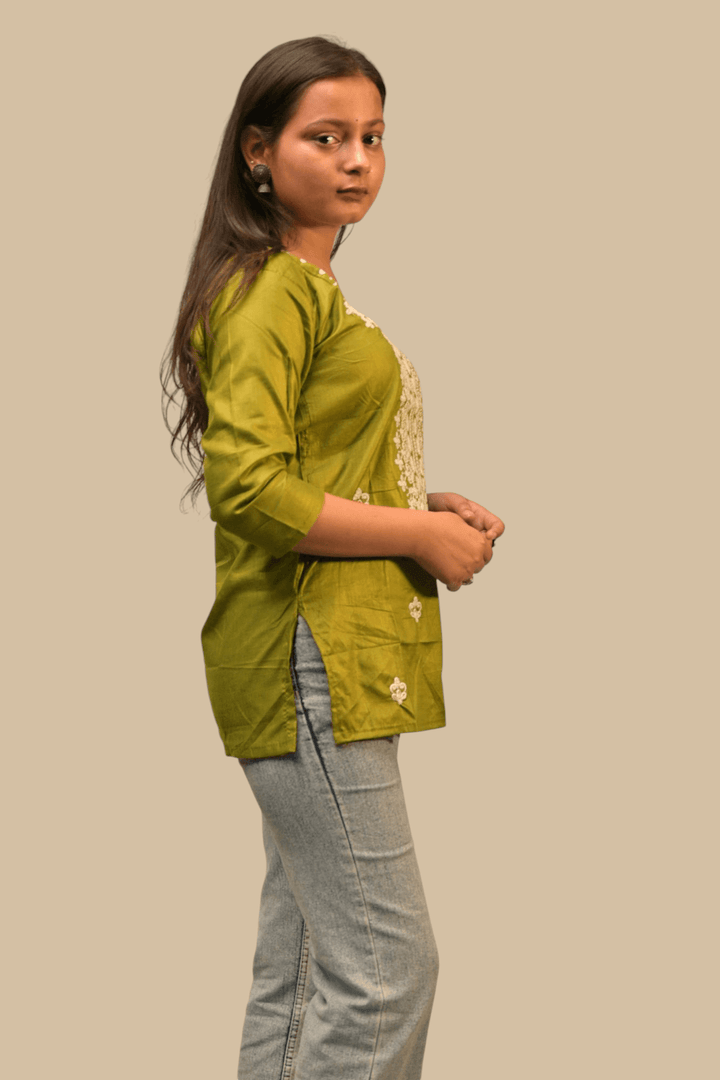 Olive Green Embroidered Kurti - Sanjh&Co