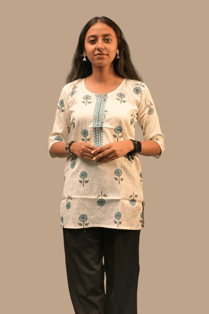 Classic Off-White Flower Print Short-Kurti - Sanjh&Co
