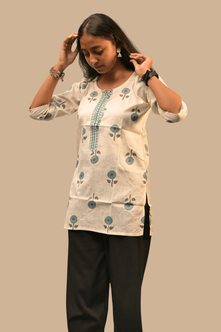 Classic Off-White Flower Print Short-Kurti - Sanjh&Co