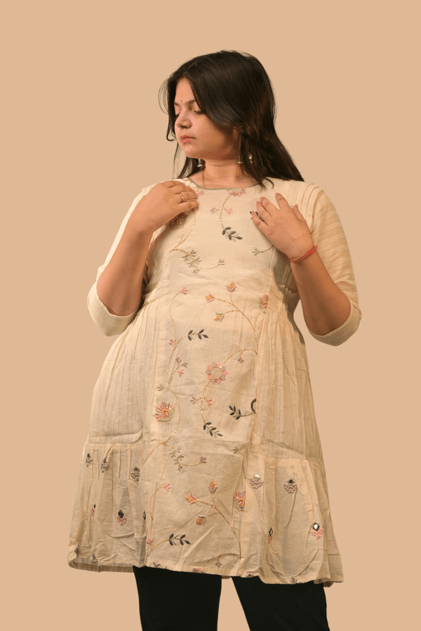 Elegant Off-white Hand-Embroidered Tunic Kurti - Sanjh&Co