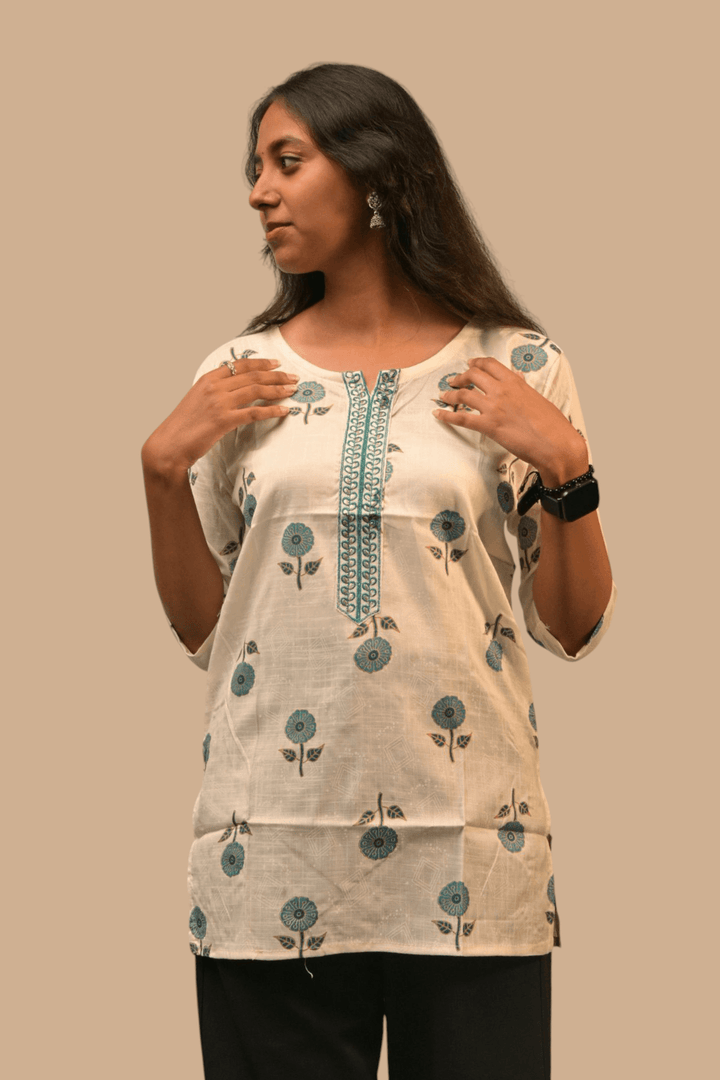 Classic Off-White Flower Print Short-Kurti - Sanjh&Co